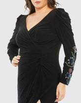Black Embellished Long Sleeve Faux Wrap Gown (Plus)
